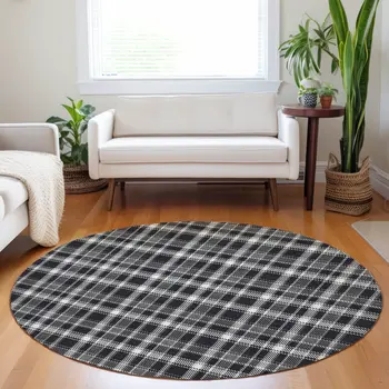 8' Black Gray And White Round Plaid Washable Indoor Outdoor Area Rug