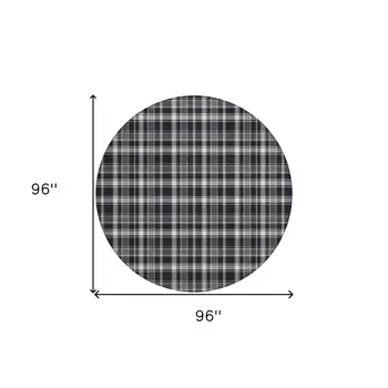 8' Black Gray And White Round Plaid Washable Indoor Outdoor Area Rug