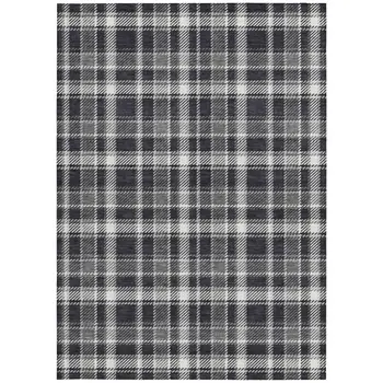 10' X 14' Black Gray and White Plaid Washable Non Skid Indoor Outdoor Area Rug
