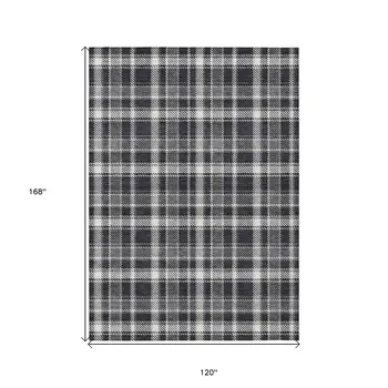 10' X 14' Black Gray and White Plaid Washable Non Skid Indoor Outdoor Area Rug