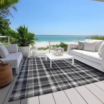 10' X 14' Black Gray and White Plaid Washable Non Skid Indoor Outdoor Area Rug