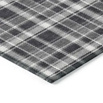 10' X 14' Black Gray and White Plaid Washable Non Skid Indoor Outdoor Area Rug