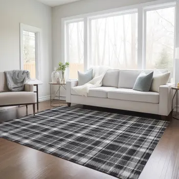 10' X 14' Black Gray and White Plaid Washable Non Skid Indoor Outdoor Area Rug