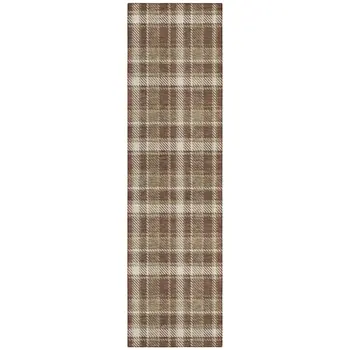 8' Runner Chocolate and Ivory Plaid Washable Non Skid Indoor Outdoor Runner Rug