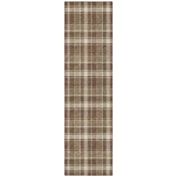 8' Runner Chocolate and Ivory Plaid Washable Non Skid Indoor Outdoor Runner Rug
