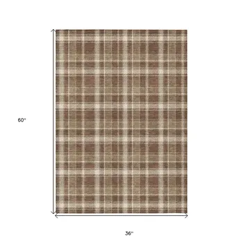 3' X 5' Chocolate and Ivory Plaid Washable Non Skid Indoor Outdoor Area Rug