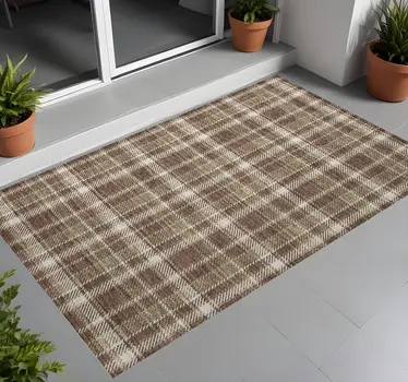 3' X 5' Chocolate and Ivory Plaid Washable Non Skid Indoor Outdoor Area Rug