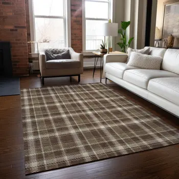 3' X 5' Chocolate and Ivory Plaid Washable Non Skid Indoor Outdoor Area Rug