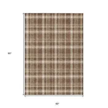 5' X 8' Chocolate and Ivory Plaid Washable Non Skid Indoor Outdoor Area Rug