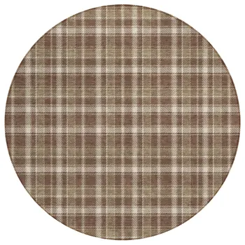 8' Round Chocolate and Ivory Round Plaid Washable Non Skid Indoor Outdoor Area Rug