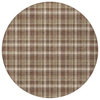 8' Round Chocolate and Ivory Round Plaid Washable Non Skid Indoor Outdoor Area Rug