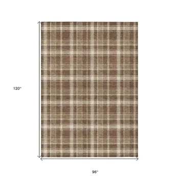 8' X 10' Chocolate and Ivory Plaid Washable Non Skid Indoor Outdoor Area Rug