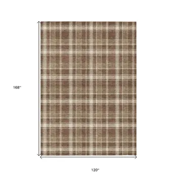 10' X 14' Chocolate and Ivory Plaid Washable Non Skid Indoor Outdoor Area Rug