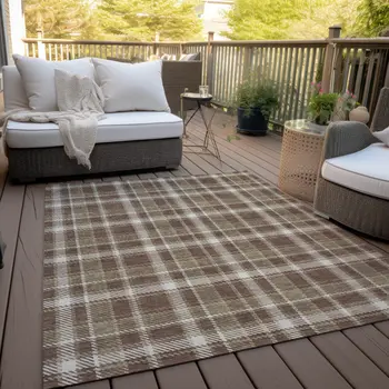 10' X 14' Chocolate and Ivory Plaid Washable Non Skid Indoor Outdoor Area Rug