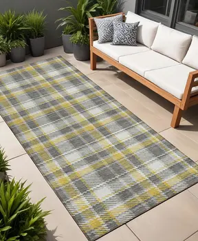 8' Runner Gray Yellow and White Plaid Washable Non Skid Indoor Outdoor Runner Rug