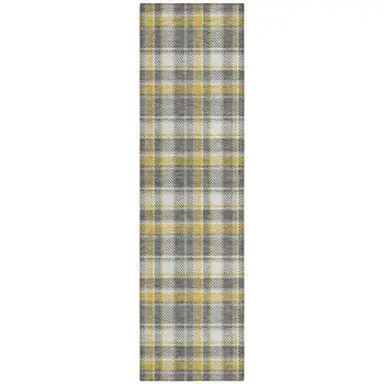8' Runner Gray Yellow and White Plaid Washable Non Skid Indoor Outdoor Runner Rug