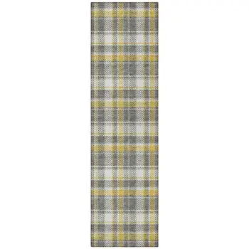 8' Runner Gray Yellow and White Plaid Washable Non Skid Indoor Outdoor Runner Rug