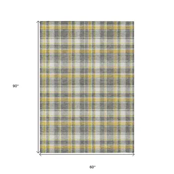 5' X 8' Gray Yellow and White Plaid Washable Non Skid Indoor Outdoor Area Rug