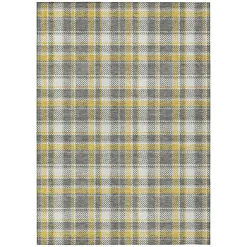 5' X 8' Gray Yellow and White Plaid Washable Non Skid Indoor Outdoor Area Rug