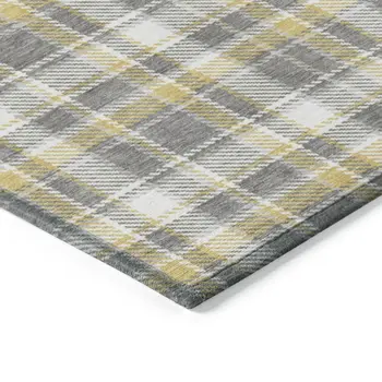 5' X 8' Gray Yellow and White Plaid Washable Non Skid Indoor Outdoor Area Rug