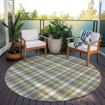 8' Round Gray Yellow and White Round Plaid Washable Non Skid Indoor Outdoor Area Rug