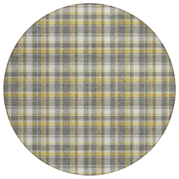 8' Round Gray Yellow and White Round Plaid Washable Non Skid Indoor Outdoor Area Rug