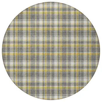 8' Round Gray Yellow and White Round Plaid Washable Non Skid Indoor Outdoor Area Rug