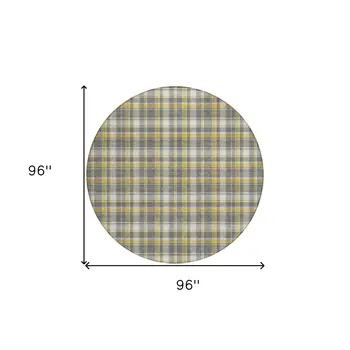 8' Round Gray Yellow and White Round Plaid Washable Non Skid Indoor Outdoor Area Rug