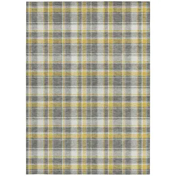8' X 10' Gray Yellow and White Plaid Washable Non Skid Indoor Outdoor Area Rug
