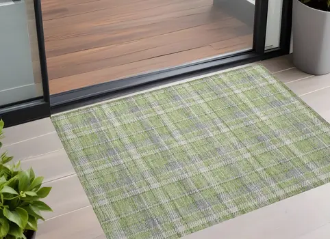 2' X 3' Green and Gray Plaid Washable Non Skid Indoor Outdoor Area Rug