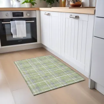 2' X 3' Green and Gray Plaid Washable Non Skid Indoor Outdoor Area Rug