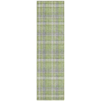 8' Runner Green and Gray Plaid Washable Non Skid Indoor Outdoor Runner Rug