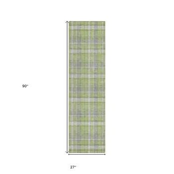 8' Runner Green and Gray Plaid Washable Non Skid Indoor Outdoor Runner Rug