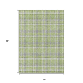5' X 8' Green and Gray Plaid Washable Non Skid Indoor Outdoor Area Rug