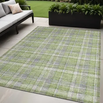 5' X 8' Green and Gray Plaid Washable Non Skid Indoor Outdoor Area Rug