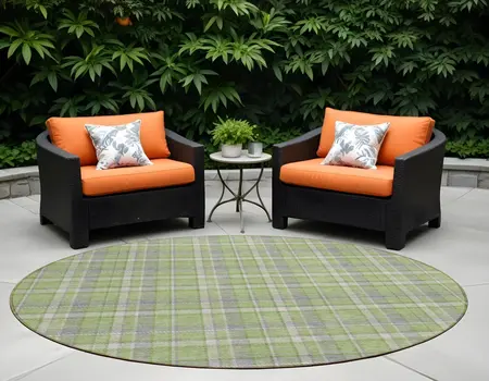 8' Round Green and Gray Round Plaid Washable Non Skid Indoor Outdoor Area Rug