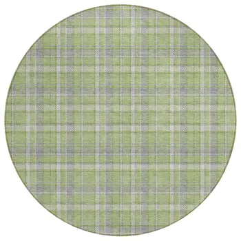 8' Round Green and Gray Round Plaid Washable Non Skid Indoor Outdoor Area Rug