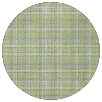 8' Round Green and Gray Round Plaid Washable Non Skid Indoor Outdoor Area Rug