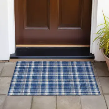 2' X 3' Navy and Ivory Plaid Washable Non Skid Indoor Outdoor Area Rug