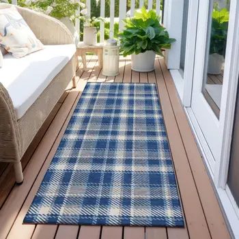 8' Runner Navy and Ivory Plaid Washable Non Skid Indoor Outdoor Runner Rug