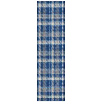 8' Runner Navy and Ivory Plaid Washable Non Skid Indoor Outdoor Runner Rug