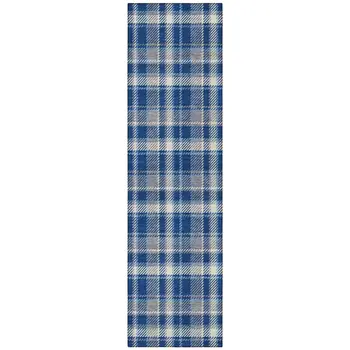 8' Runner Navy and Ivory Plaid Washable Non Skid Indoor Outdoor Runner Rug