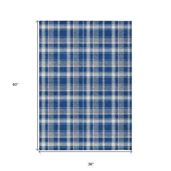 3' X 5' Navy and Ivory Plaid Washable Non Skid Indoor Outdoor Area Rug