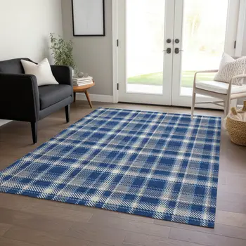 3' X 5' Navy and Ivory Plaid Washable Non Skid Indoor Outdoor Area Rug