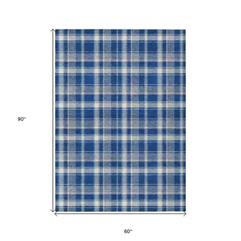 5' X 8' Navy and Ivory Plaid Washable Non Skid Indoor Outdoor Area Rug