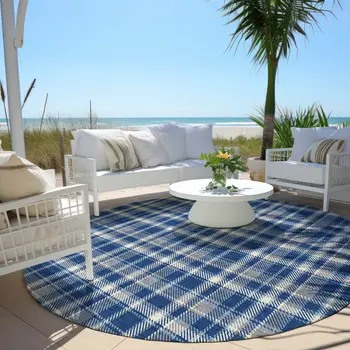 8' Round Navy and Ivory Round Plaid Washable Non Skid Indoor Outdoor Area Rug