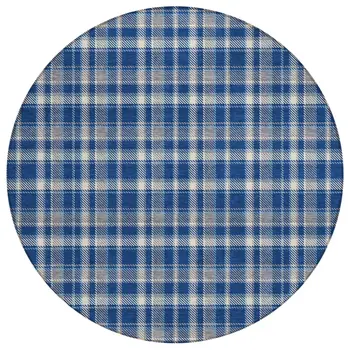 8' Round Navy and Ivory Round Plaid Washable Non Skid Indoor Outdoor Area Rug