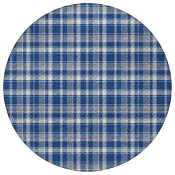 8' Round Navy and Ivory Round Plaid Washable Non Skid Indoor Outdoor Area Rug