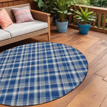 8' Round Navy and Ivory Round Plaid Washable Non Skid Indoor Outdoor Area Rug