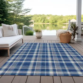 8' X 10' Navy and Ivory Plaid Washable Non Skid Indoor Outdoor Area Rug